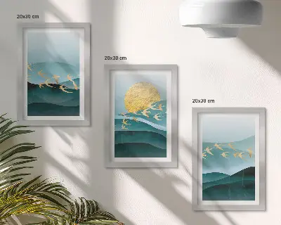 Juego de 3 cuadros decorativos con diseño de paisajes abstractos de olas solares y pájaros en vuelo