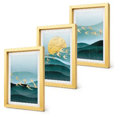 Juego de 3 cuadros decorativos con diseño de paisajes abstractos de olas solares y pájaros en vuelo