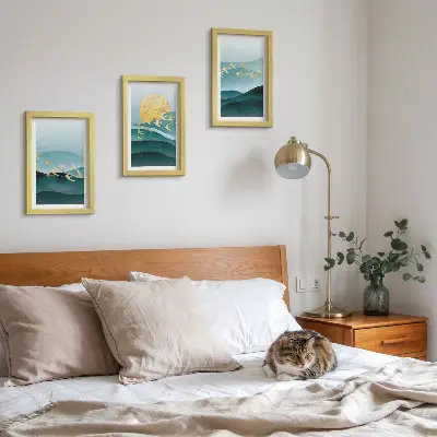 Juego de 3 cuadros decorativos con diseño de paisajes abstractos de olas solares y pájaros en vuelo