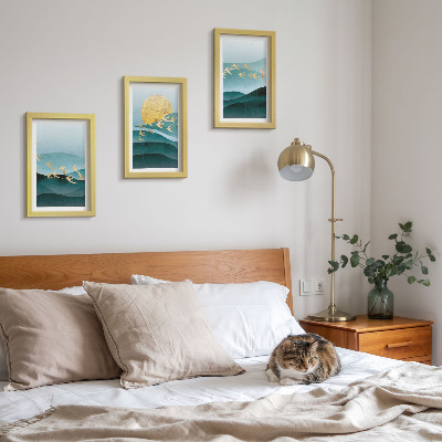 Juego de 3 cuadros decorativos Paisajes abstractos de olas solares y pájaros en vuelo