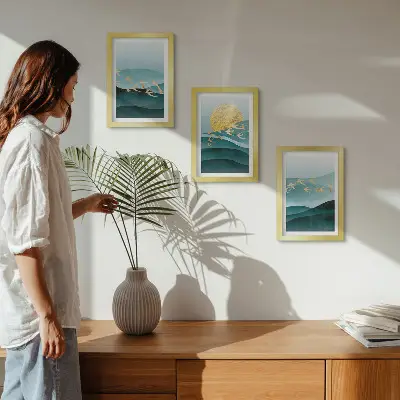 Juego de 3 cuadros decorativos con diseño de paisajes abstractos de olas solares y pájaros en vuelo