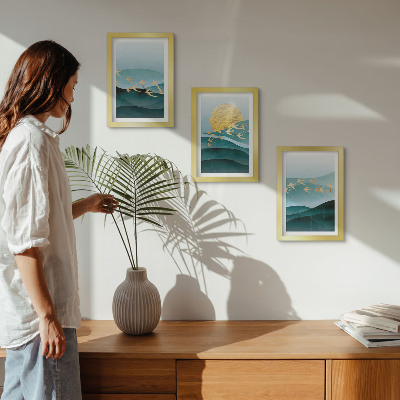 Juego de 3 cuadros decorativos Paisajes abstractos de olas solares y pájaros en vuelo