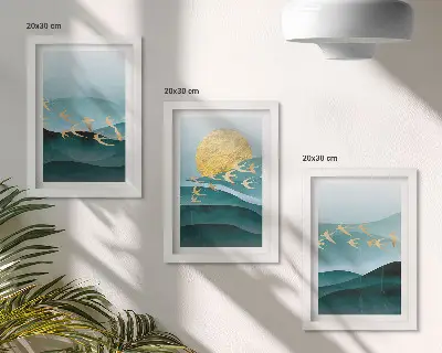 Juego de 3 cuadros decorativos con diseño de paisajes abstractos de olas solares y pájaros en vuelo