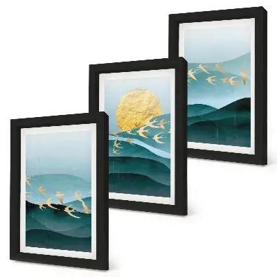 Juego de 3 cuadros decorativos con diseño de paisajes abstractos de olas solares y pájaros en vuelo