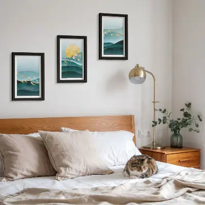 Juego de 3 cuadros decorativos con diseño de paisajes abstractos de olas solares y pájaros en vuelo