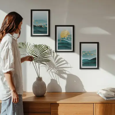 Juego de 3 cuadros decorativos con diseño de paisajes abstractos de olas solares y pájaros en vuelo