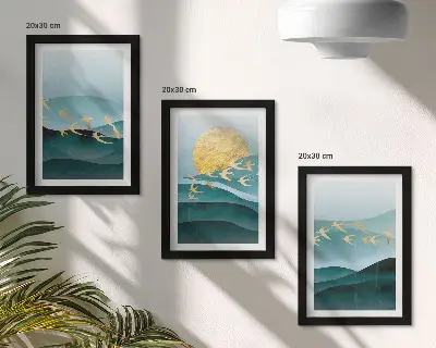 Juego de 3 cuadros decorativos con diseño de paisajes abstractos de olas solares y pájaros en vuelo