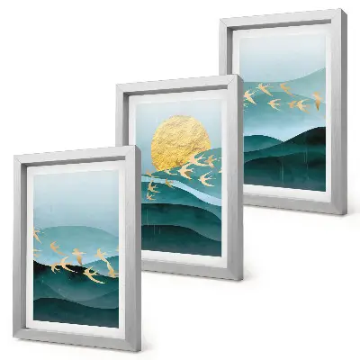 Juego de 3 cuadros decorativos con diseño de paisajes abstractos de olas solares y pájaros en vuelo