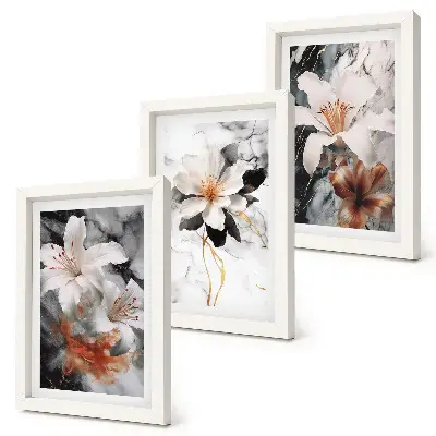 Juego de 3 cuadros decorativos con diseño de flores sobre fondo de mármol en tonos blancos y negros