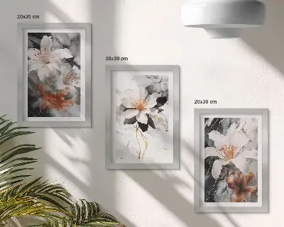 Juego de 3 cuadros decorativos con diseño de flores sobre fondo de mármol en tonos blancos y negros