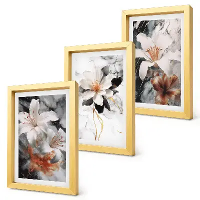 Juego de 3 cuadros decorativos con diseño de flores sobre fondo de mármol en tonos blancos y negros