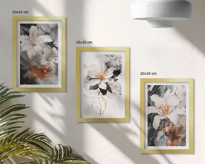 Juego de 3 cuadros decorativos con diseño de flores sobre fondo de mármol en tonos blancos y negros