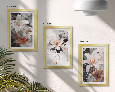 Juego de 3 cuadros decorativos Flores sobre un fondo de mármol en tonos blancos y negros.