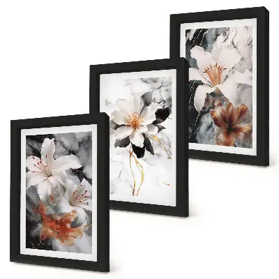 Juego de 3 cuadros decorativos con diseño de flores sobre fondo de mármol en tonos blancos y negros