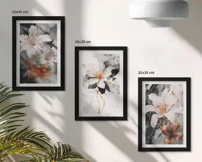 Juego de 3 cuadros decorativos con diseño de flores sobre fondo de mármol en tonos blancos y negros