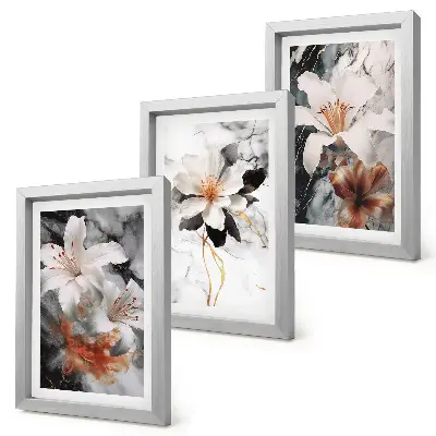 Juego de 3 cuadros decorativos con diseño de flores sobre fondo de mármol en tonos blancos y negros