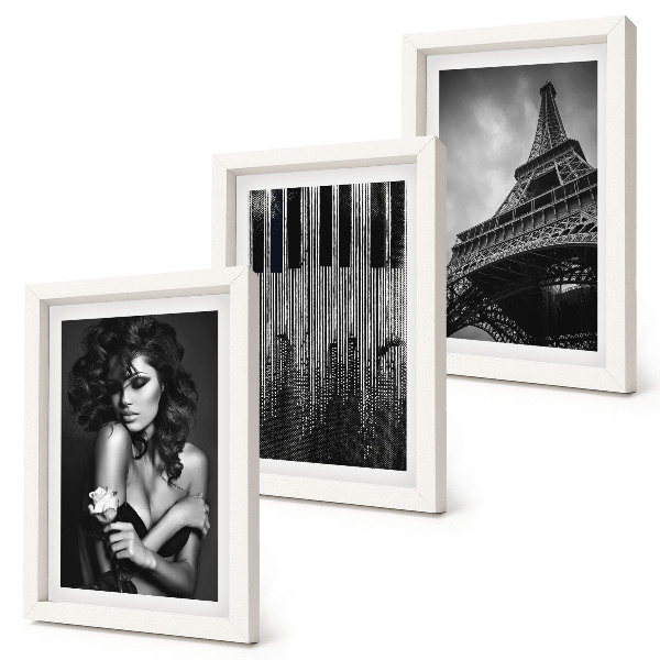 Juego de 3 cuadros decorativos Retrato de una mujer con una rosa, la Torre Eiffel y un patrón de piano.