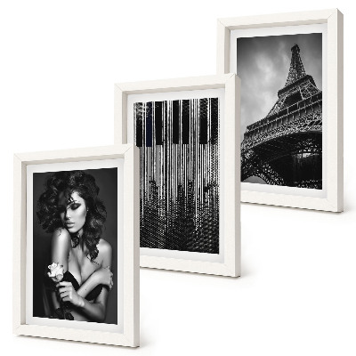 Juego de 3 cuadros decorativos Retrato de una mujer con una rosa, la Torre Eiffel y un patrón de piano.