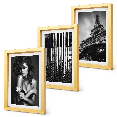 Juego de 3 cuadros decorativos Retrato de una mujer con una rosa, la Torre Eiffel y un patrón de piano.