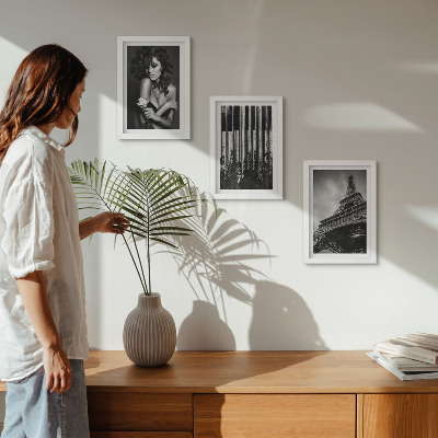 Juego de 3 cuadros decorativos Retrato de una mujer con una rosa, la Torre Eiffel y un patrón de piano.
