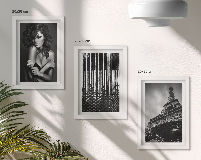 Juego de 3 cuadros decorativos Retrato de una mujer con una rosa, la Torre Eiffel y un patrón de piano.