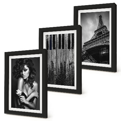 Juego de 3 cuadros decorativos Retrato de una mujer con una rosa, la Torre Eiffel y un patrón de piano.