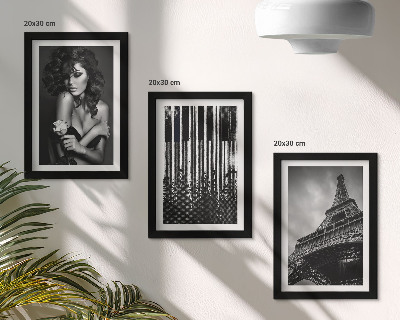 Juego de 3 cuadros decorativos Retrato de una mujer con una rosa, la Torre Eiffel y un patrón de piano.