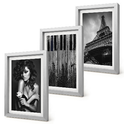 Juego de 3 cuadros decorativos Retrato de una mujer con una rosa, la Torre Eiffel y un patrón de piano.