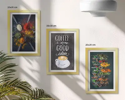 Tríptico enmarcado de café con especias y hierbas de cocina