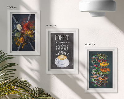 Tríptico enmarcado Café con especias y una taza de hierbas de cocina.