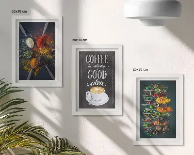 Tríptico enmarcado de café con especias y hierbas de cocina