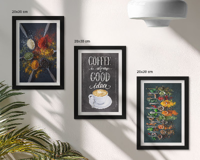 Tríptico enmarcado Café con especias y una taza de hierbas de cocina.