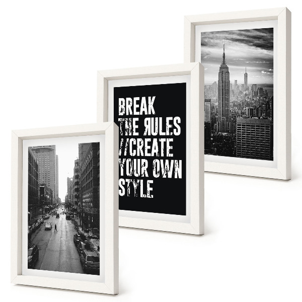 Juego de 3 cuadros decorativos Calles de la ciudad en blanco y negro con una inscripción inspiradora.