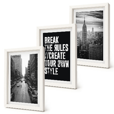Juego de 3 cuadros decorativos Calles de la ciudad en blanco y negro con una inscripción inspiradora.
