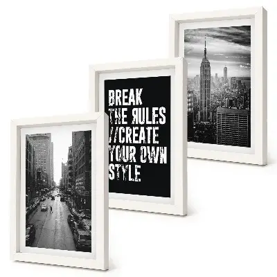 Juego de 3 cuadros decorativos de calles de la ciudad en blanco y negro con una inscripción inspiradora