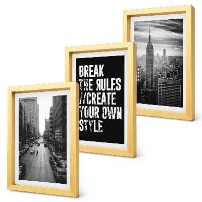 Juego de 3 cuadros decorativos Calles de la ciudad en blanco y negro con una inscripción inspiradora.