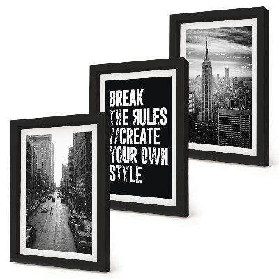Juego de 3 cuadros decorativos Calles de la ciudad en blanco y negro con una inscripción inspiradora.