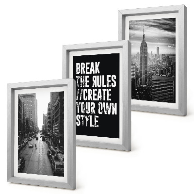 Juego de 3 cuadros decorativos Calles de la ciudad en blanco y negro con una inscripción inspiradora.