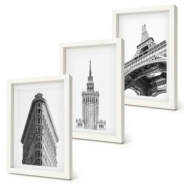 Tríptico enmarcado de edificios arquitectónicos en estilo minimalista blanco y negro