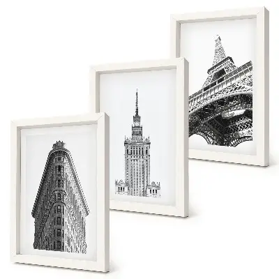 Tríptico enmarcado de edificios arquitectónicos en estilo minimalista blanco y negro
