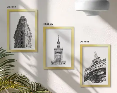 Tríptico enmarcado de edificios arquitectónicos en estilo minimalista blanco y negro