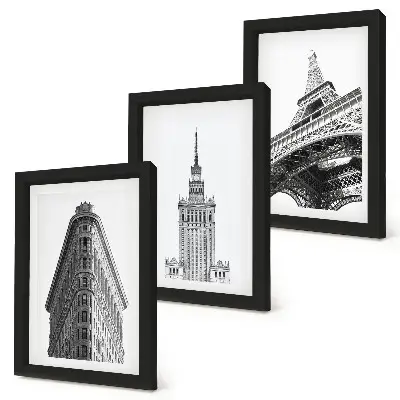 Tríptico enmarcado de edificios arquitectónicos en estilo minimalista blanco y negro