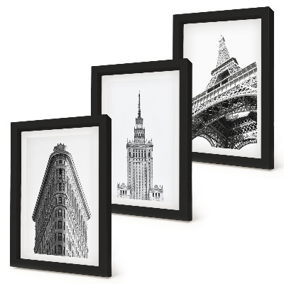Tríptico enmarcado Edificios arquitectónicos en minimalismo blanco y negro.