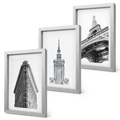 Tríptico enmarcado de edificios arquitectónicos en estilo minimalista blanco y negro
