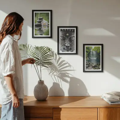 Juego de 3 cuadros decorativos con diseño de armonía de la naturaleza, piedras, agua y Buda