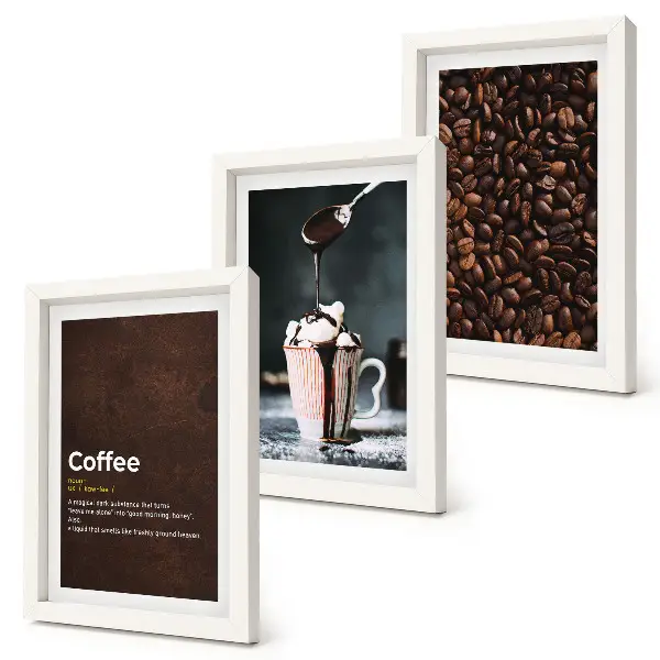Juego de 3 cuadros decorativos con diseño de definición de bebida de crema batida y granos de café