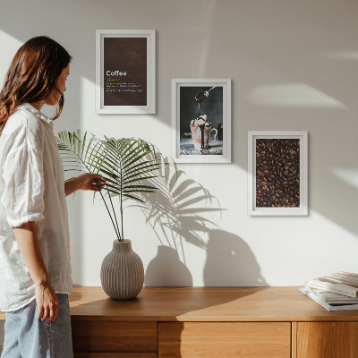 Juego de 3 cuadros decorativos Definición de bebida de crema batida con granos de café