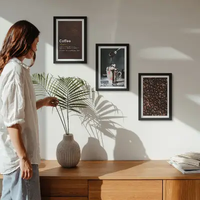 Juego de 3 cuadros decorativos con diseño de definición de bebida de crema batida y granos de café