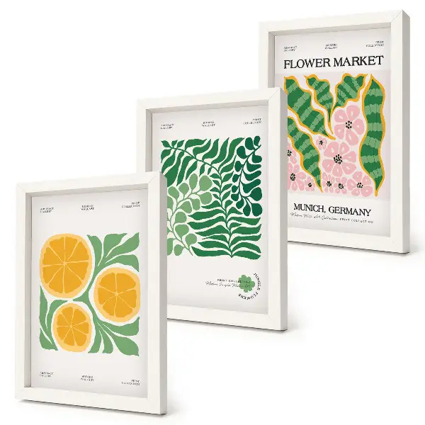 Juego de 3 cuadros decorativos con motivos de frutas y plantas en colores pastel