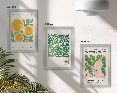 Juego de 3 cuadros decorativos con motivos de frutas y plantas en colores pastel